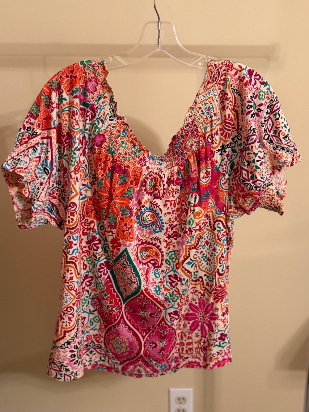 Ralph Lauren - Women's Smocked V-Neck Flutter Sleeve Top - Multi Pink in  XL